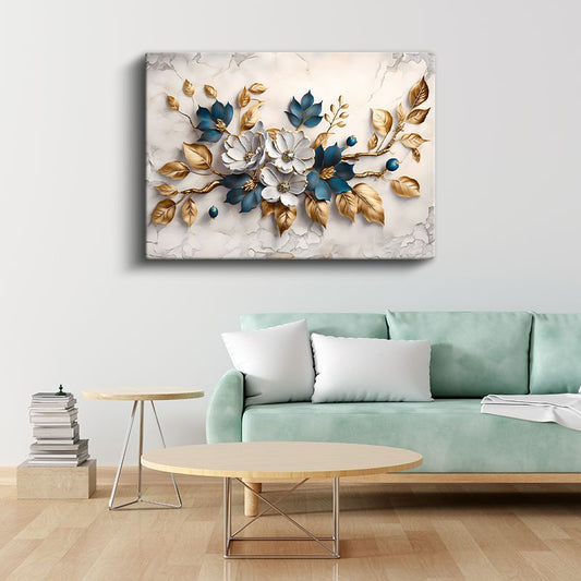 Beyaz Çiçek - Mor Mermer Zeminde Altın Detaylı Tasarım Kanvas Tablo