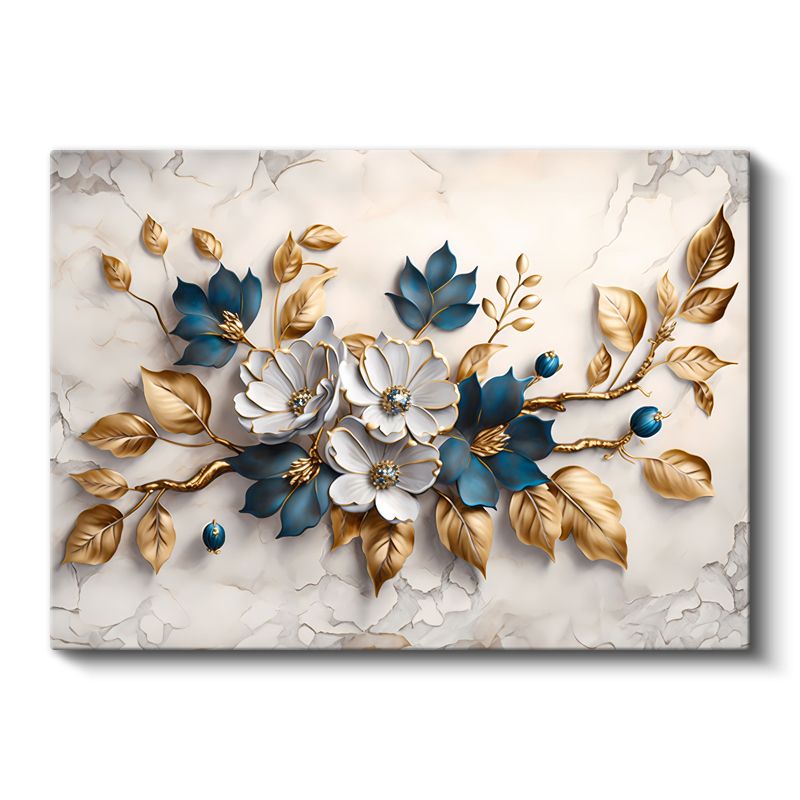 Beyaz Çiçek - Mor Mermer Zeminde Altın Detaylı Tasarım Kanvas Tablo