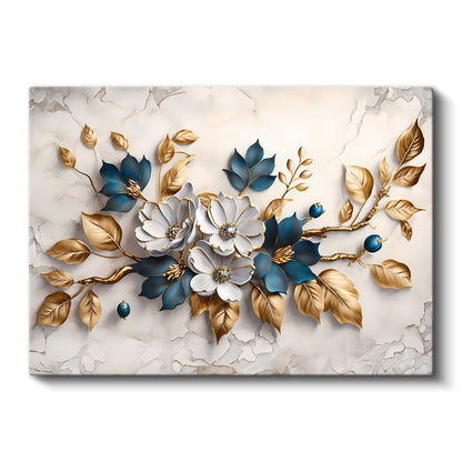Beyaz Çiçek - Mor Mermer Zeminde Altın Detaylı Tasarım Kanvas Tablo