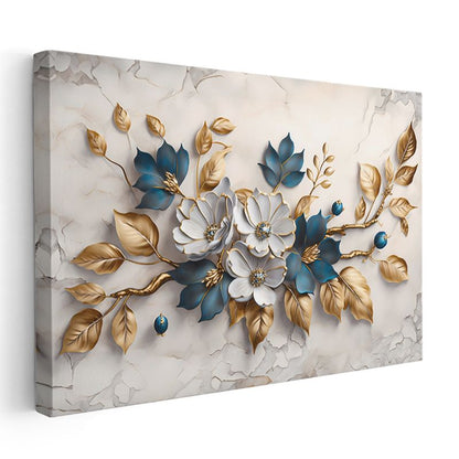 Beyaz Çiçek - Mor Mermer Zeminde Altın Detaylı Tasarım Kanvas Tablo