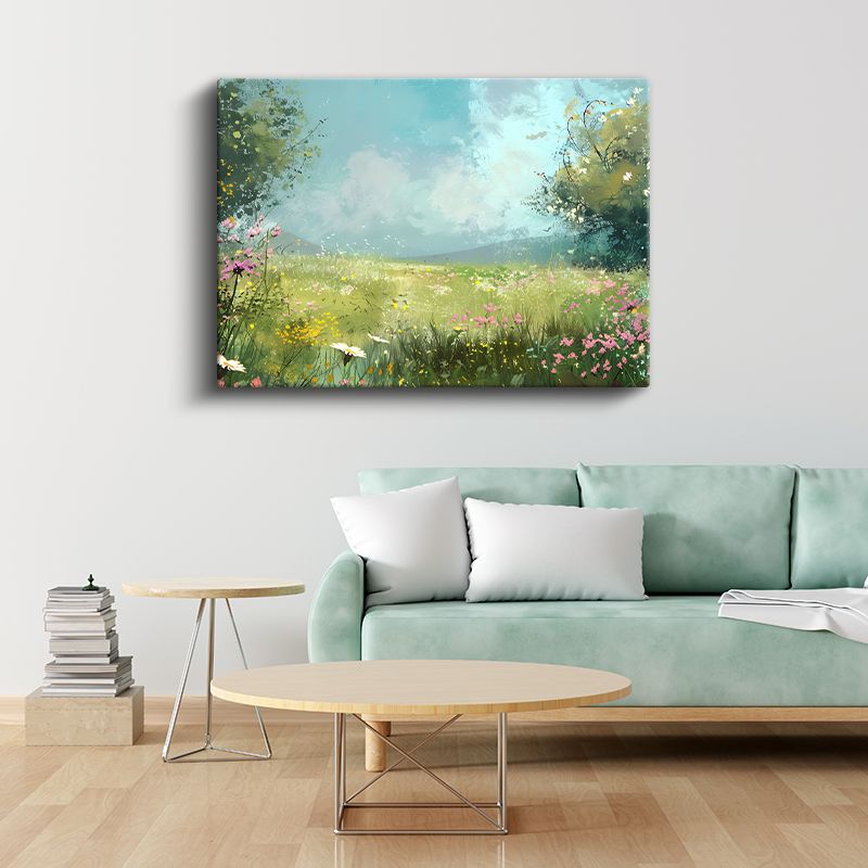 Beyaz Papatyalar - Mavi Tekstürlü Fonda Doğal Çiçekler Kanvas Tablo