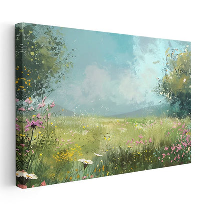 Beyaz Papatyalar - Mavi Tekstürlü Fonda Doğal Çiçekler Kanvas Tablo