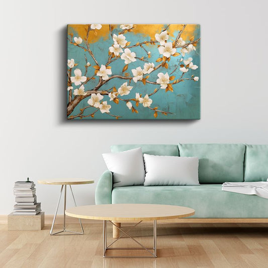 Altın Çiçekler - Siyah Fonda Lüks Çiçek Deseni Kanvas Tablo