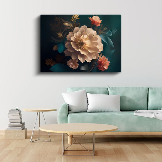 Altın Şakayıklar - Siyah Fonda Metalik Çiçek Kompozisyonu Kanvas Tablo