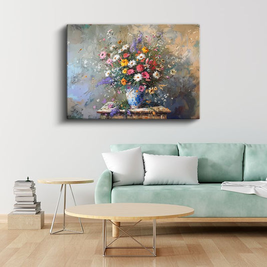 Beyaz Altın Çiçekler - Siyah Fonda Zarif Çiçek Aranjmanı Kanvas Tablo