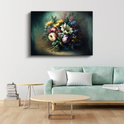 Krem Çiçekler - Mavi Fonda Zarif Çiçek Dalları Kanvas Tablo