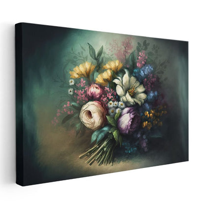 Krem Çiçekler - Mavi Fonda Zarif Çiçek Dalları Kanvas Tablo