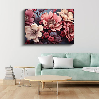 Beyaz Çiçekler - Gri Fonda Altın Detaylı Dal Kanvas Tablo