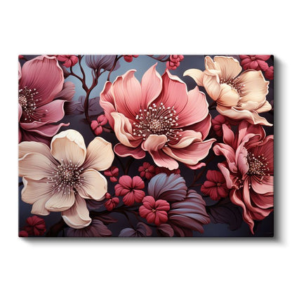 Beyaz Çiçekler - Gri Fonda Altın Detaylı Dal Kanvas Tablo