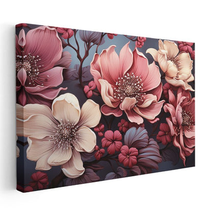 Beyaz Çiçekler - Gri Fonda Altın Detaylı Dal Kanvas Tablo