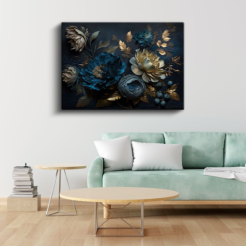 Pembe Çiçekler - Altın Yapraklı Zarif Kompozisyon Kanvas Tablo