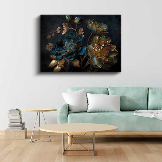 Turkuaz Çiçekler - Altın Detaylı Bahar Dalları Kanvas Tablo