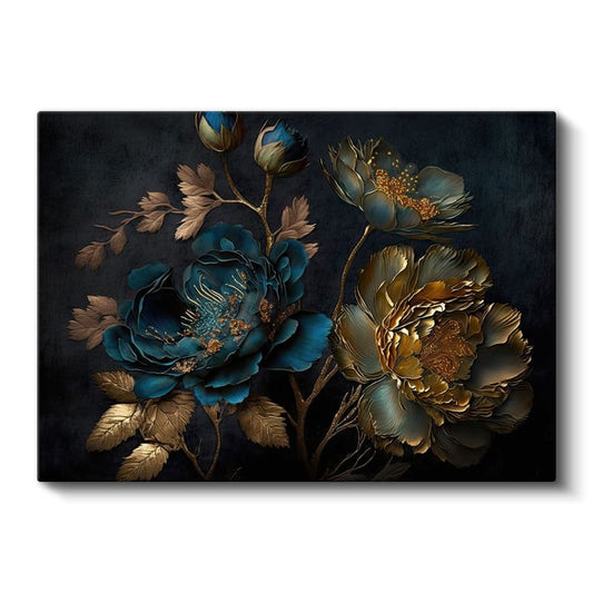 Turkuaz Çiçekler - Altın Detaylı Bahar Dalları Kanvas Tablo