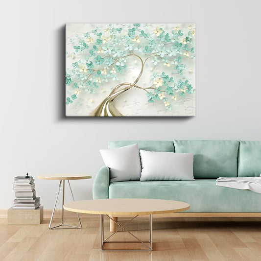 Altın Ağaç - Mint Yeşili Çiçeklerle Süslenmiş Dekoratif Tasarım Kanvas Tablo