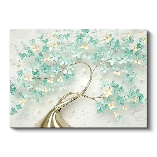 Altın Ağaç - Mint Yeşili Çiçeklerle Süslenmiş Dekoratif Tasarım Kanvas Tablo