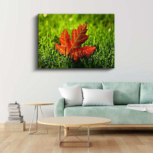 Sonbahar Yaprağı - Çimen Üzerinde Kızıl Detaylar Kanvas Tablo