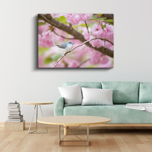 Kiraz Çiçeği - Bahar Dalında Mavi Kuş Kanvas Tablo