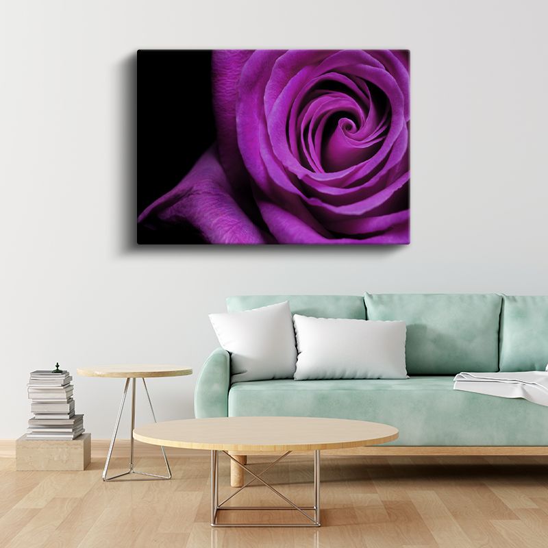 Mor Gül - Dramatik Siyah Fonda Spiral Detay Kanvas Tablo