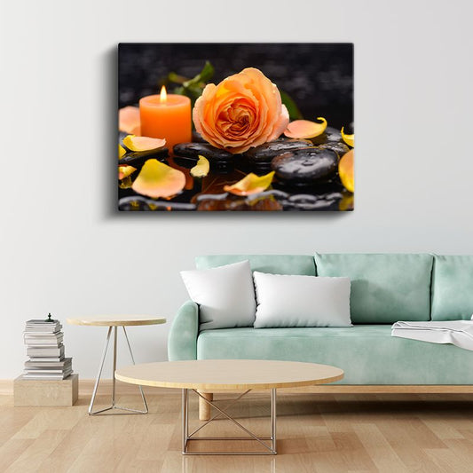 Turuncu Gül - Siyah Taşlar Üzerinde Spa Konsepti Kanvas Tablo
