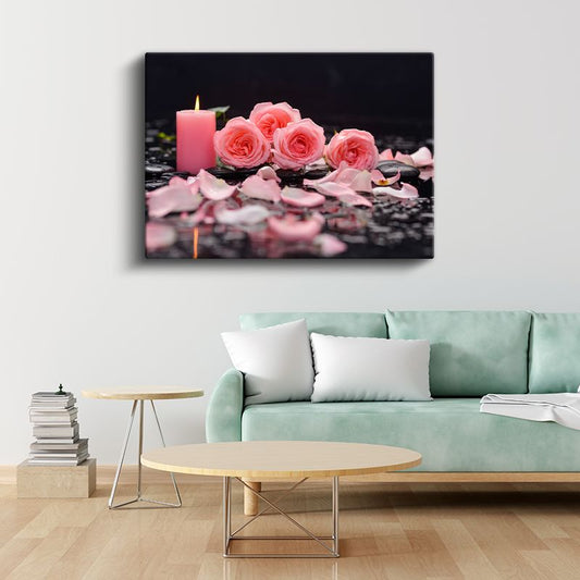 Pembe Güller - Mum Işığında Romantik Kompozisyon Kanvas Tablo
