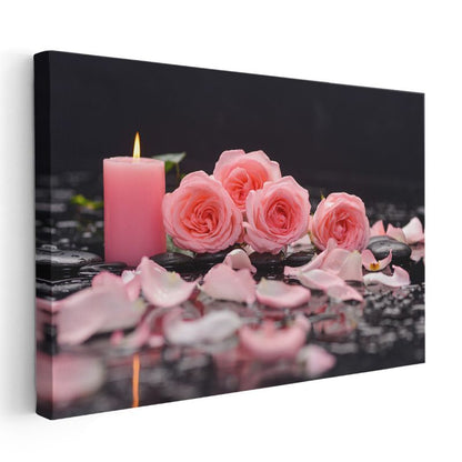 Pembe Güller - Mum Işığında Romantik Kompozisyon Kanvas Tablo