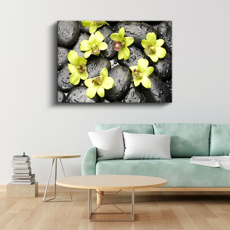 Yeşil Orkideler - Siyah Taşlar Üzerinde Zen Tasarımı Kanvas Tablo