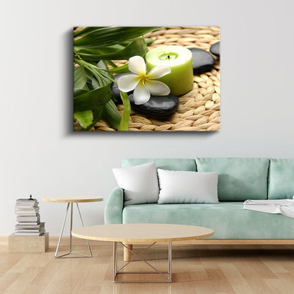 Kiraz Çiçekleri - Siyah Taşlar Üzerinde Yansıma Kanvas Tablo