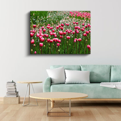 Pembe Laleler - Bahar Bahçesi Manzarası Kanvas Tablo