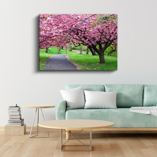 Kiraz Çiçeği Ağaçları - Bahar Parkı Manzarası Kanvas Tablo
