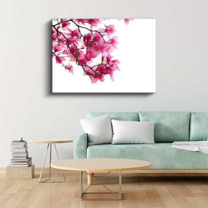 Manolya Dalı - Beyaz Fonda Pembe Çiçekler Kanvas Tablo