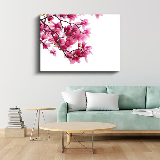 Manolya Dalı - Beyaz Fonda Pembe Çiçekler Kanvas Tablo