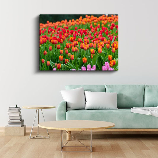 Renkli Laleler - Bahar Bahçesi Manzarası Kanvas Tablo