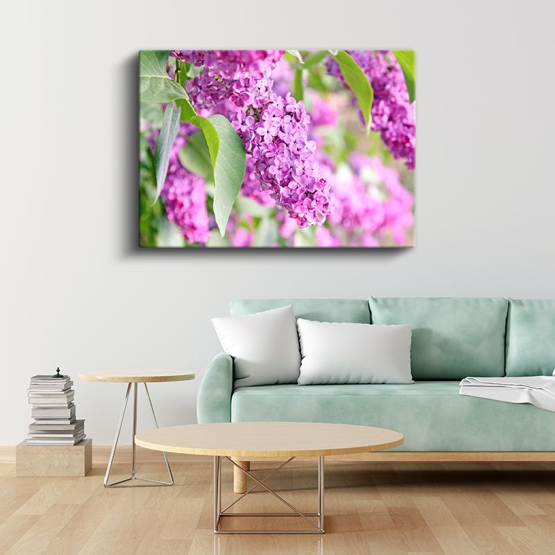 Mor Leylak - Yeşil Yapraklı Bahar Dalı Kanvas Tablo