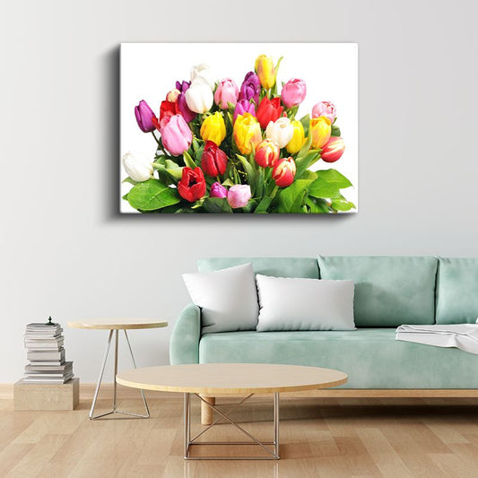 Renkli Lale Buketi - Canlı Bahar Çiçekleri Kanvas Tablo
