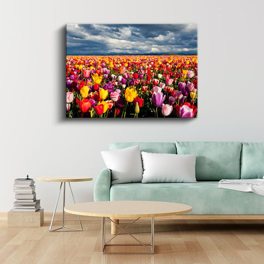 Renkli Lale Tarlası - Gökyüzü Altında Çiçek Denizi Kanvas Tablo