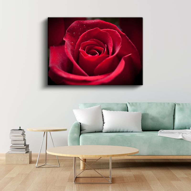 Kırmızı Gül - Çiy Damlacıklı Kadife Dokulu Çiçek Kanvas Tablo