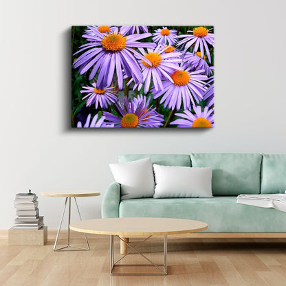 Mor Papatyalar - Turuncu Merkezli Çiçek Topluluğu Kanvas Tablo