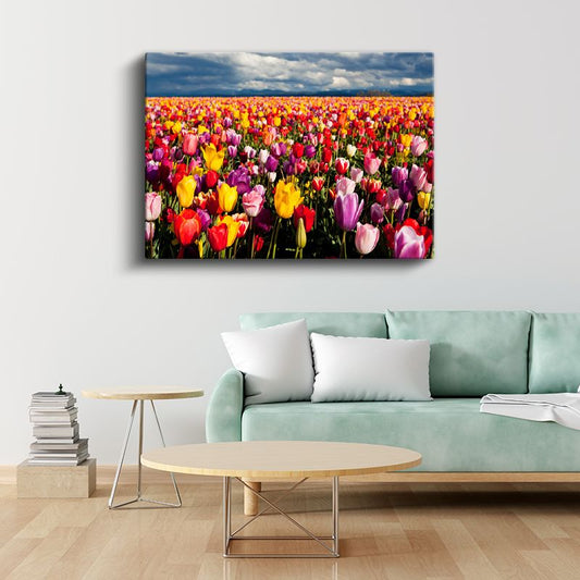 Renkli Lale Tarlası - Gökyüzü Altında Çiçek Denizi Kanvas Tablo