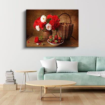 Kırmızı Beyaz Güller - Hasır Sepetli Natürmort Kanvas Tablo
