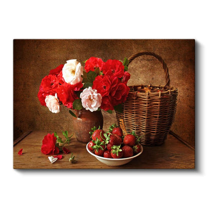 Kırmızı Beyaz Güller - Hasır Sepetli Natürmort Kanvas Tablo
