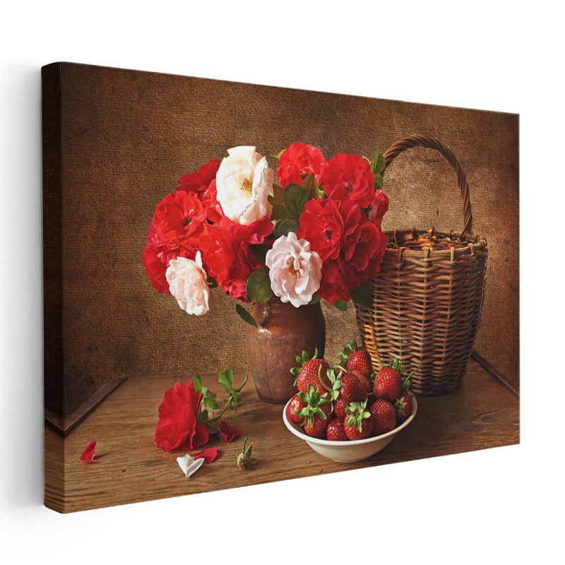Kırmızı Beyaz Güller - Hasır Sepetli Natürmort Kanvas Tablo