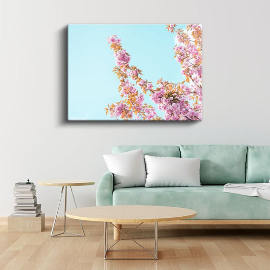Kiraz Çiçekleri - Turkuaz Gökyüzü Altında Kanvas Tablo