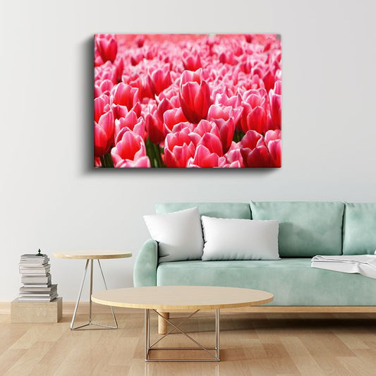 Pembe Laleler - Çiçek Tarlası Manzarası Kanvas Tablo