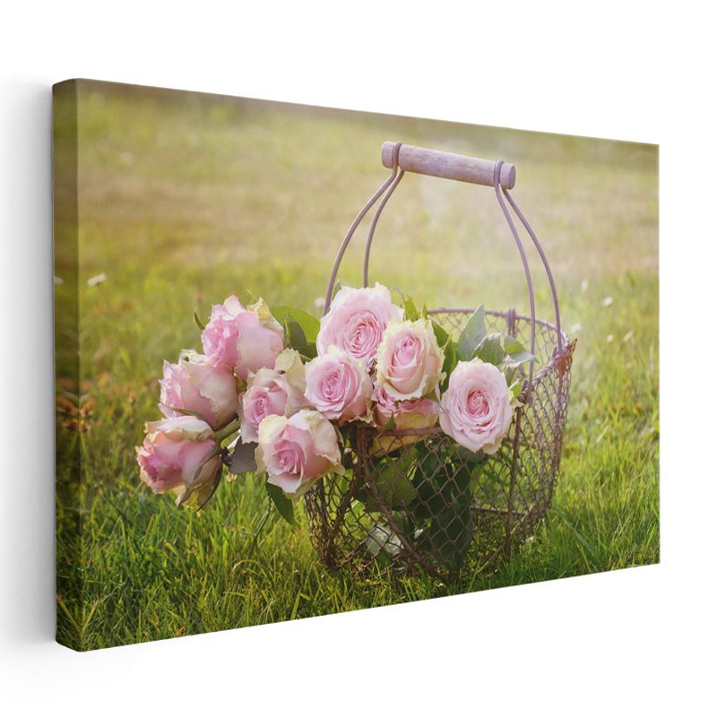 Pembe Güller - Vintage Tel Sepette Buket Kanvas Tablo