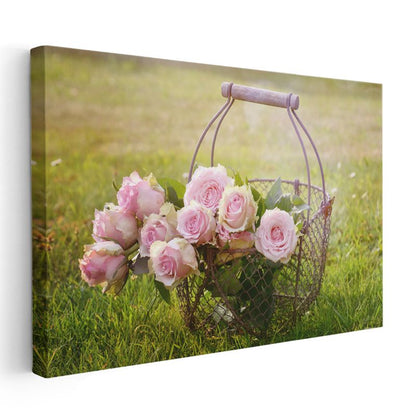 Pembe Güller - Vintage Tel Sepette Buket Kanvas Tablo