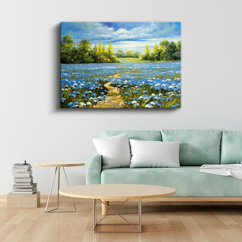Mavi Çiçek Tarlası - Yağlı Boya Teknikli Manzara Kanvas Tablo