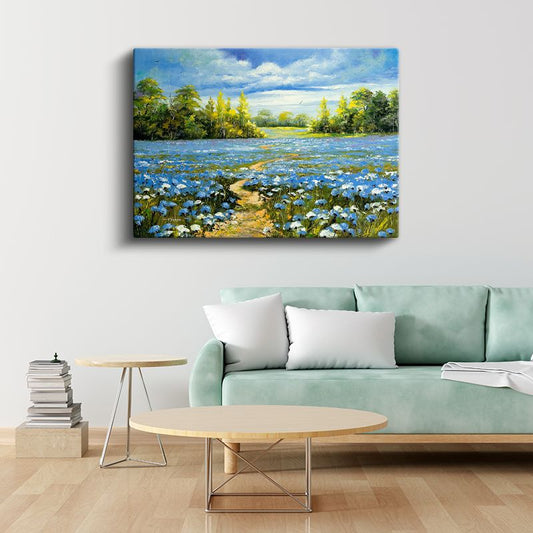 Mavi Çiçek Tarlası - Yağlı Boya Teknikli Manzara Kanvas Tablo