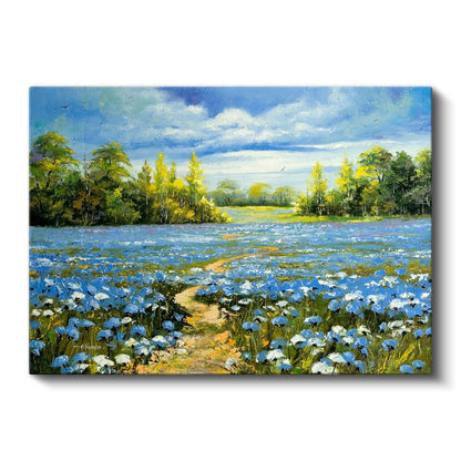 Mavi Çiçek Tarlası - Yağlı Boya Teknikli Manzara Kanvas Tablo
