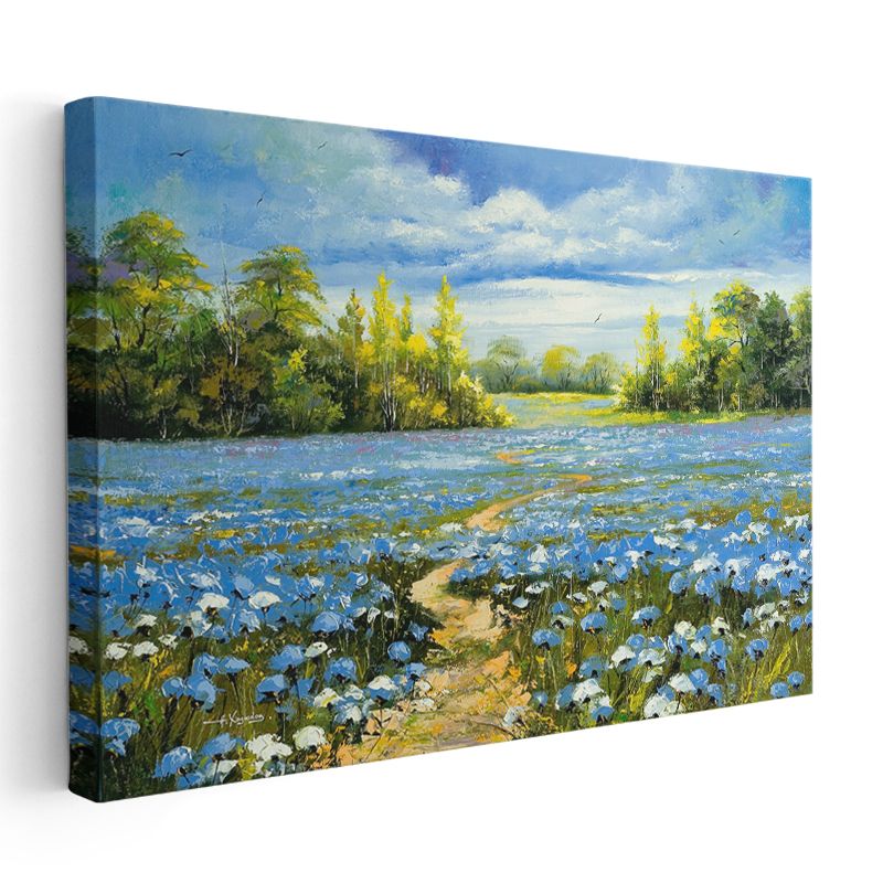 Mavi Çiçek Tarlası - Yağlı Boya Teknikli Manzara Kanvas Tablo