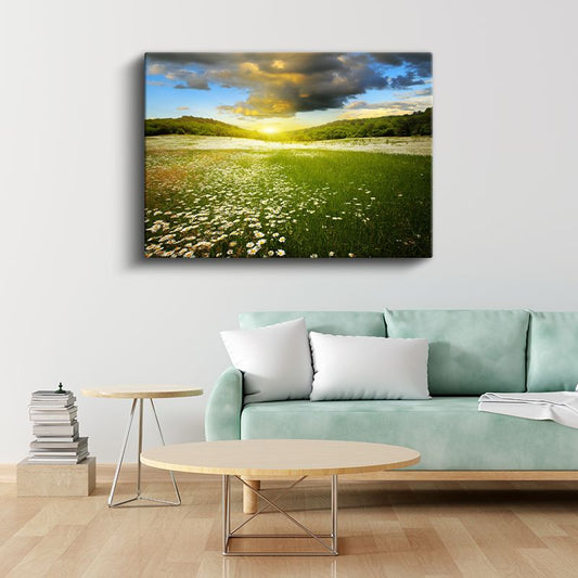 Papatya Tarlası - Gün Batımı Manzaralı Kanvas Tablo
